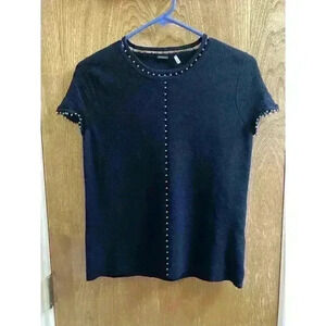 Elie Tahari Marino Wool Navy Short Sleeve Sweater With Silver Bead Accents